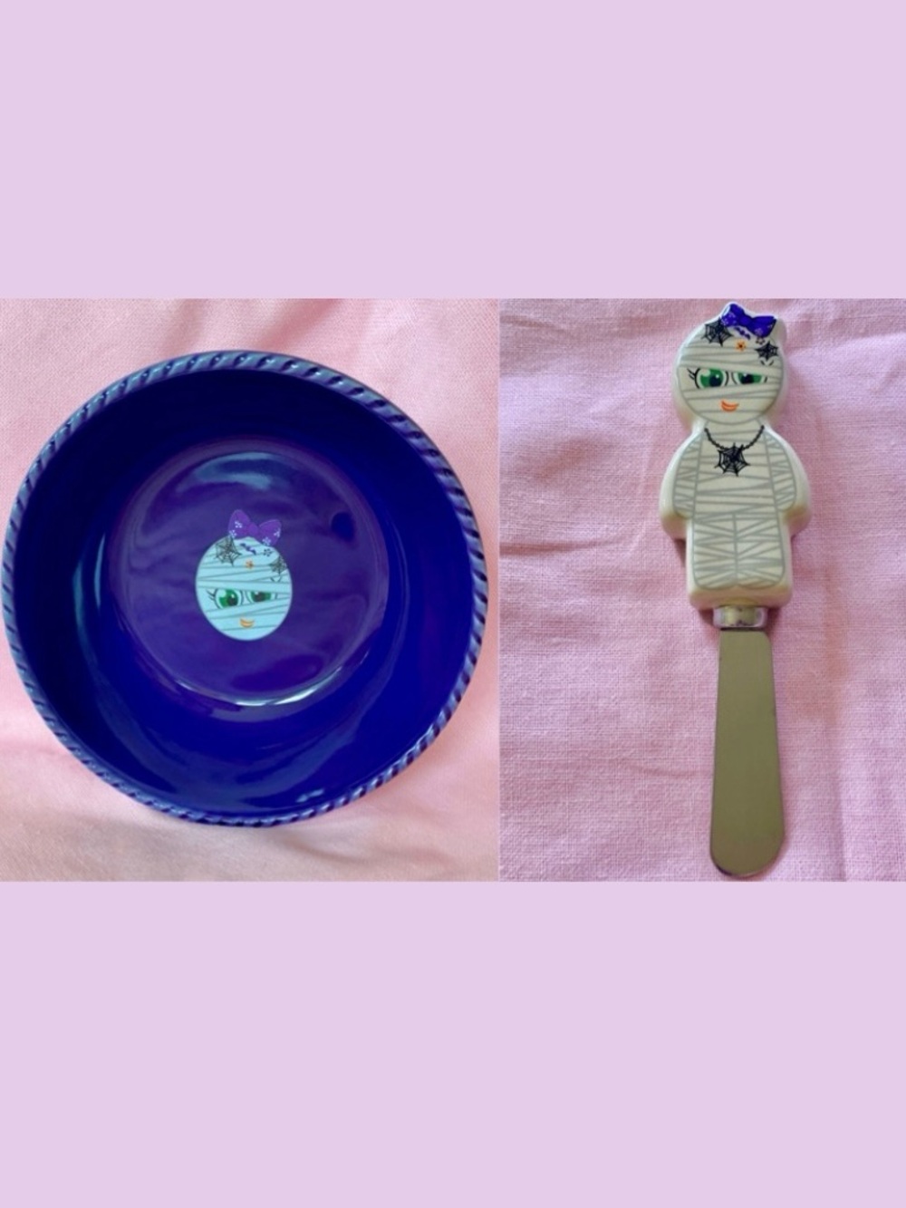Mummy Bowl & Spreader Butter Knife Set White Purple Bowl Halloween Temptations